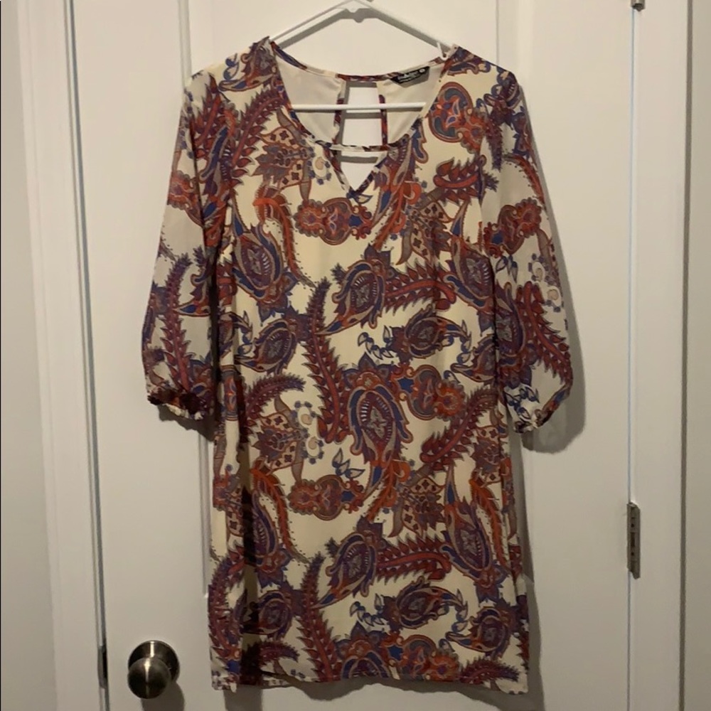 Blue, red, cream paisley print dress.